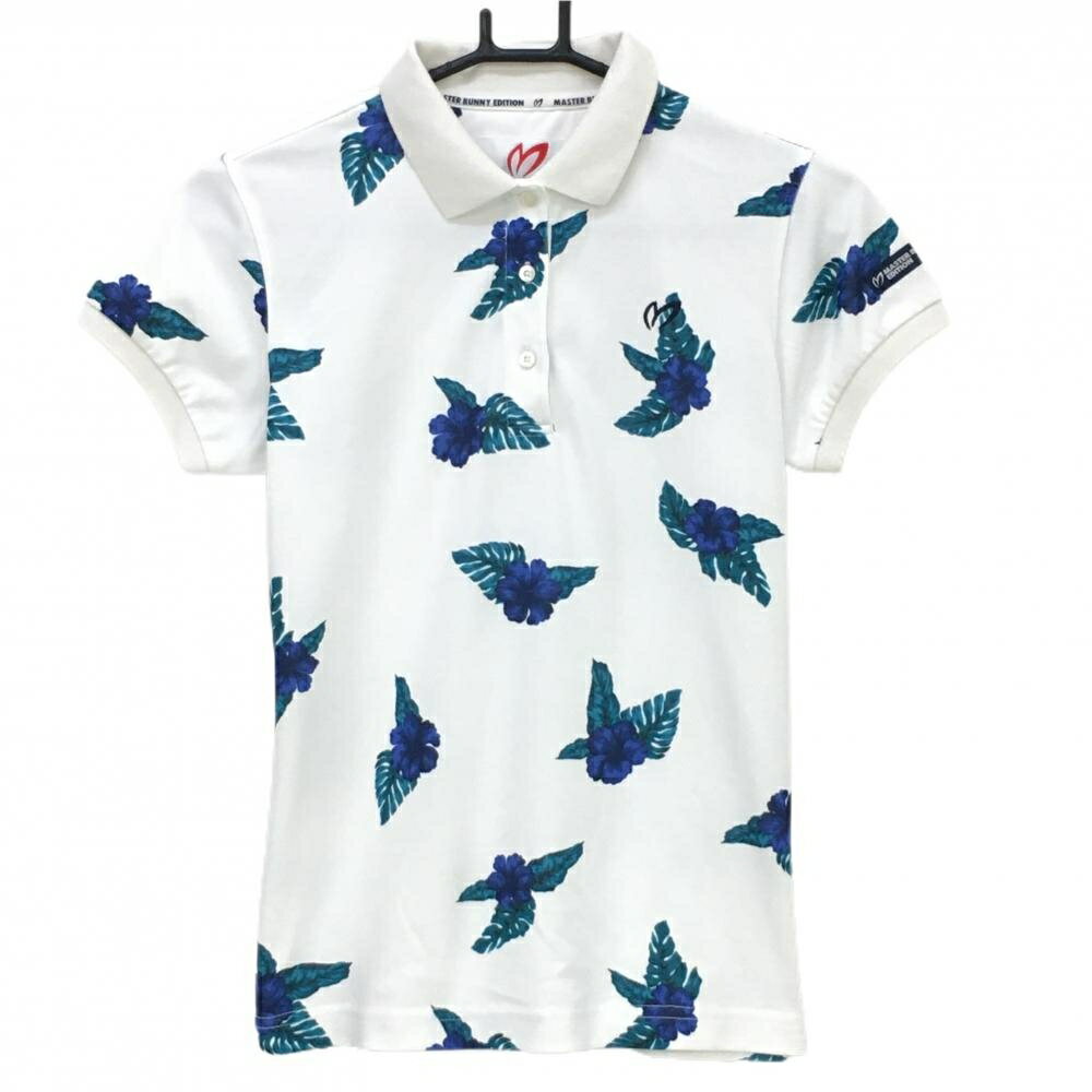 【美品】マスターバニー 半袖ポロシャツ 白×ブルー 花柄 レディース 0(S) ゴルフウェア MASTER BUNNY E..