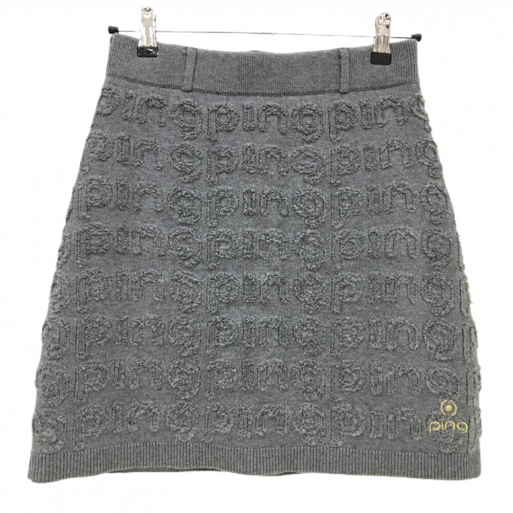 【超美品】ピン ニットスカート グレー 立体ロゴ総柄 裏地付 ウール混 レディース M ゴルフウェア 2024..
