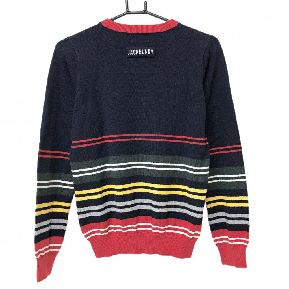 【美品】ジャックバニー セーター ネイビー×レッド 下部ボーダー コットン混 ニット レディース 1(M) ゴルフウェア Jack Bunny