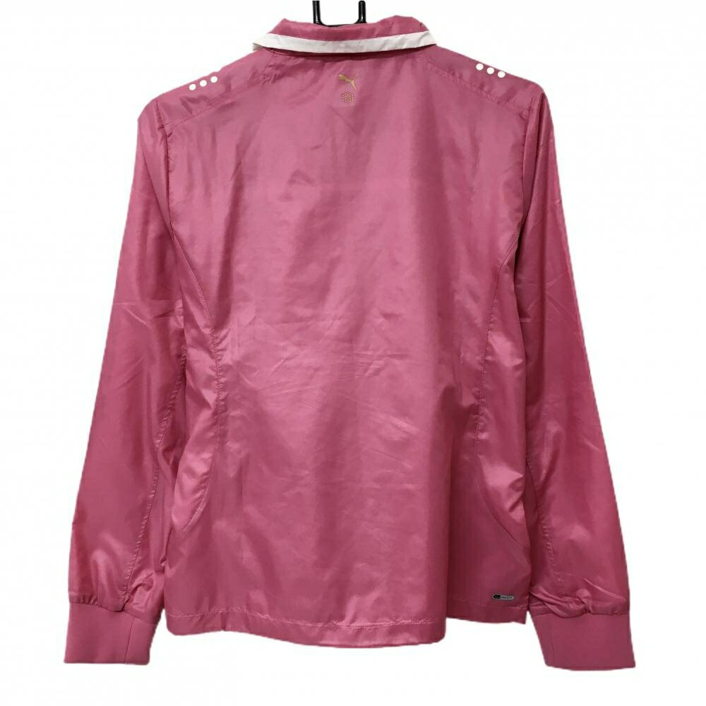 【美品】プーマ ジャケットブルゾン ピンク×白 胸元ロゴ 裏地メッシュ 裾ドローコード レディース L ゴルフウェア PUMA