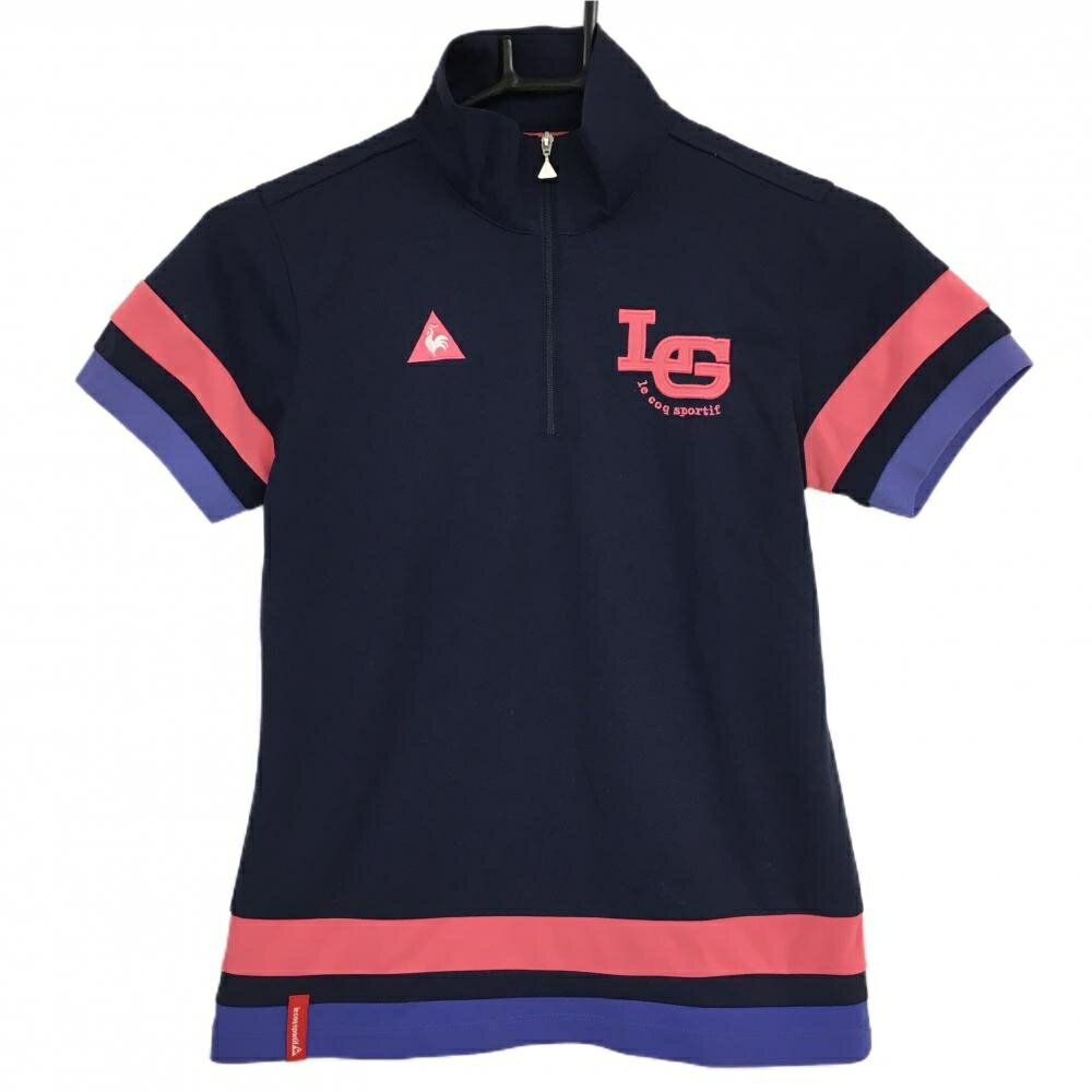 【超美品】ルコック 半袖ハイネックシャツ ネイビー×ピンク 袖・裾ライン ハーフジップ レディース M ..