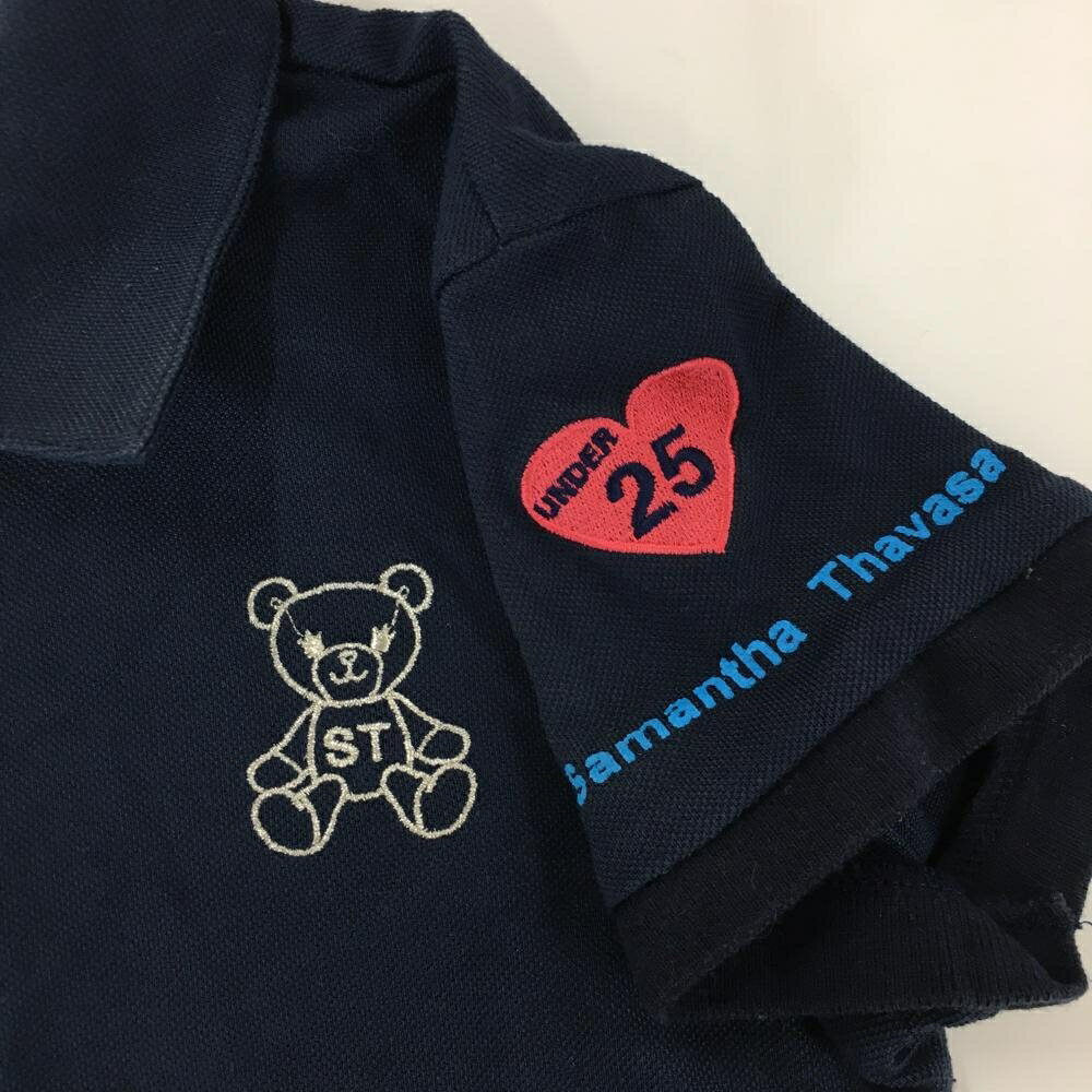 サマンサタバサ UNDER25 半袖ポロシャツ ネイビー×ライトブルー ベア ロゴプリント レディース S ゴルフウェア Samantha Thavasa