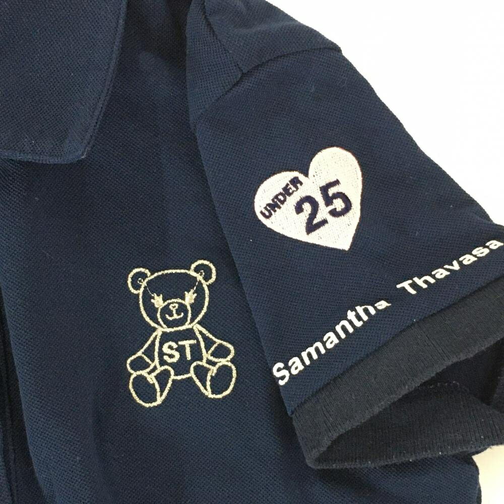 【美品】サマンサタバサ UNDER25 半袖ポロシャツ ネイビー×白 バックロゴ ベア レディース S ゴルフウェア Samantha Thavasa
