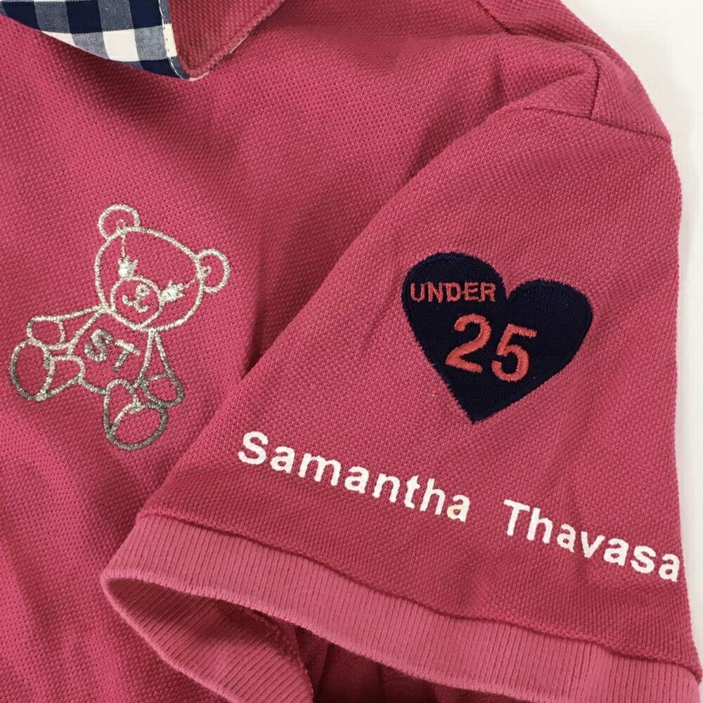 【美品】サマンサタバサ UNDER25 半袖ポロシャツ ピンク×白 襟裏ギンガムチェック レディース S ゴルフウェア Samantha Thavasa
