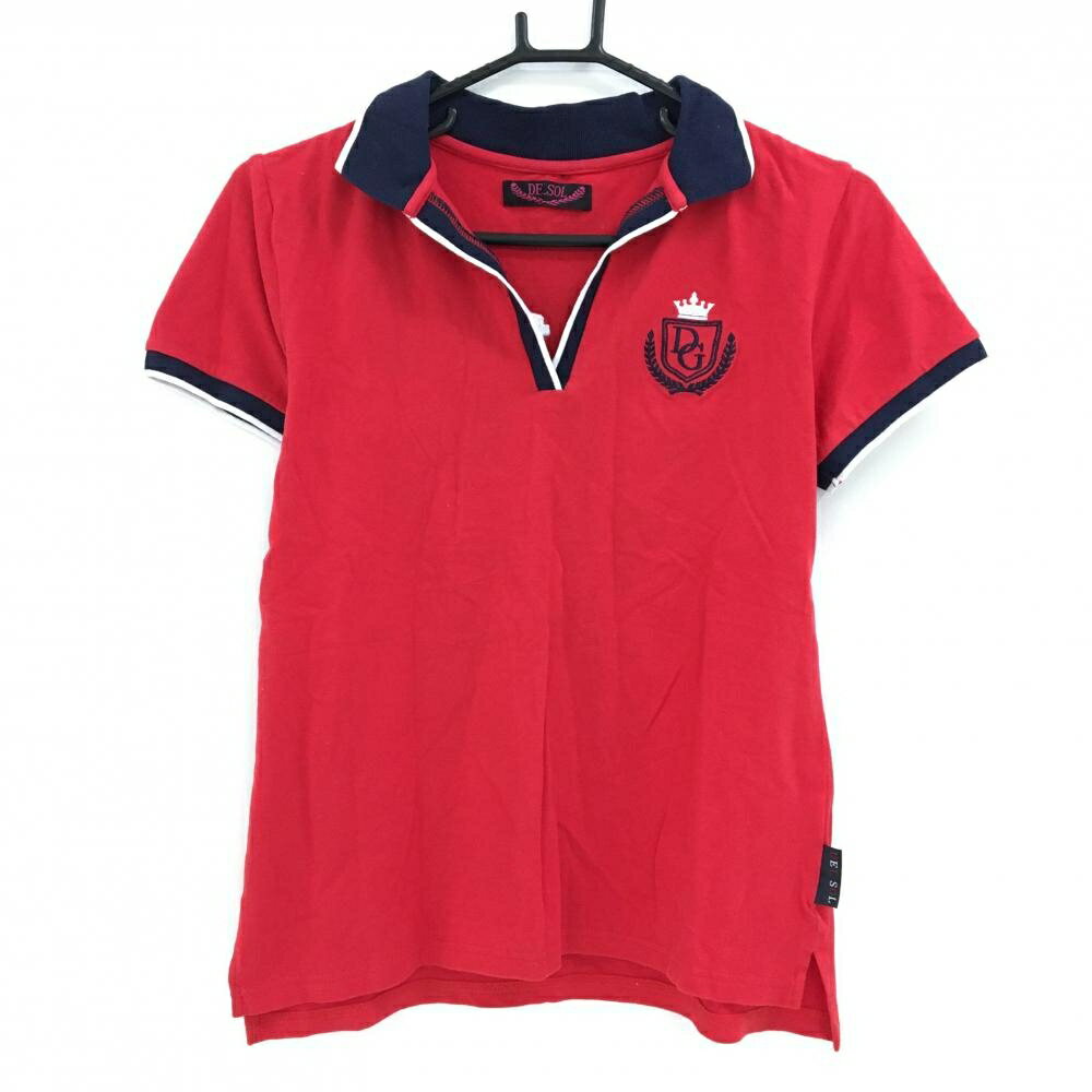 【美品】デルソル 半袖スキッパーシャツ レッド×ネイビー コットン混 刺しゅう レディース 2(L) ゴルフウェア DELSOL