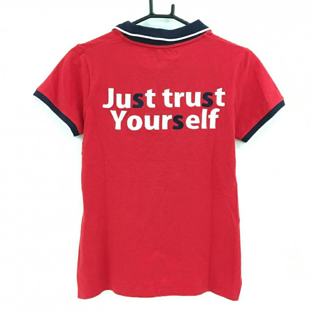 【美品】デルソル 半袖スキッパーシャツ レッド×ネイビー コットン混 刺しゅう レディース 2(L) ゴルフウェア DELSOL