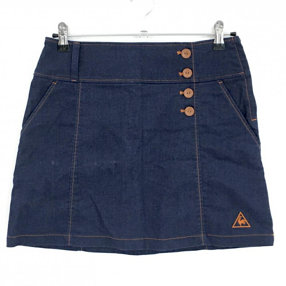 【美品】ルコック スカート ネイビー×ブラウン デニム調生地 ロゴ刺しゅう レディース 9 ゴルフウェア ..