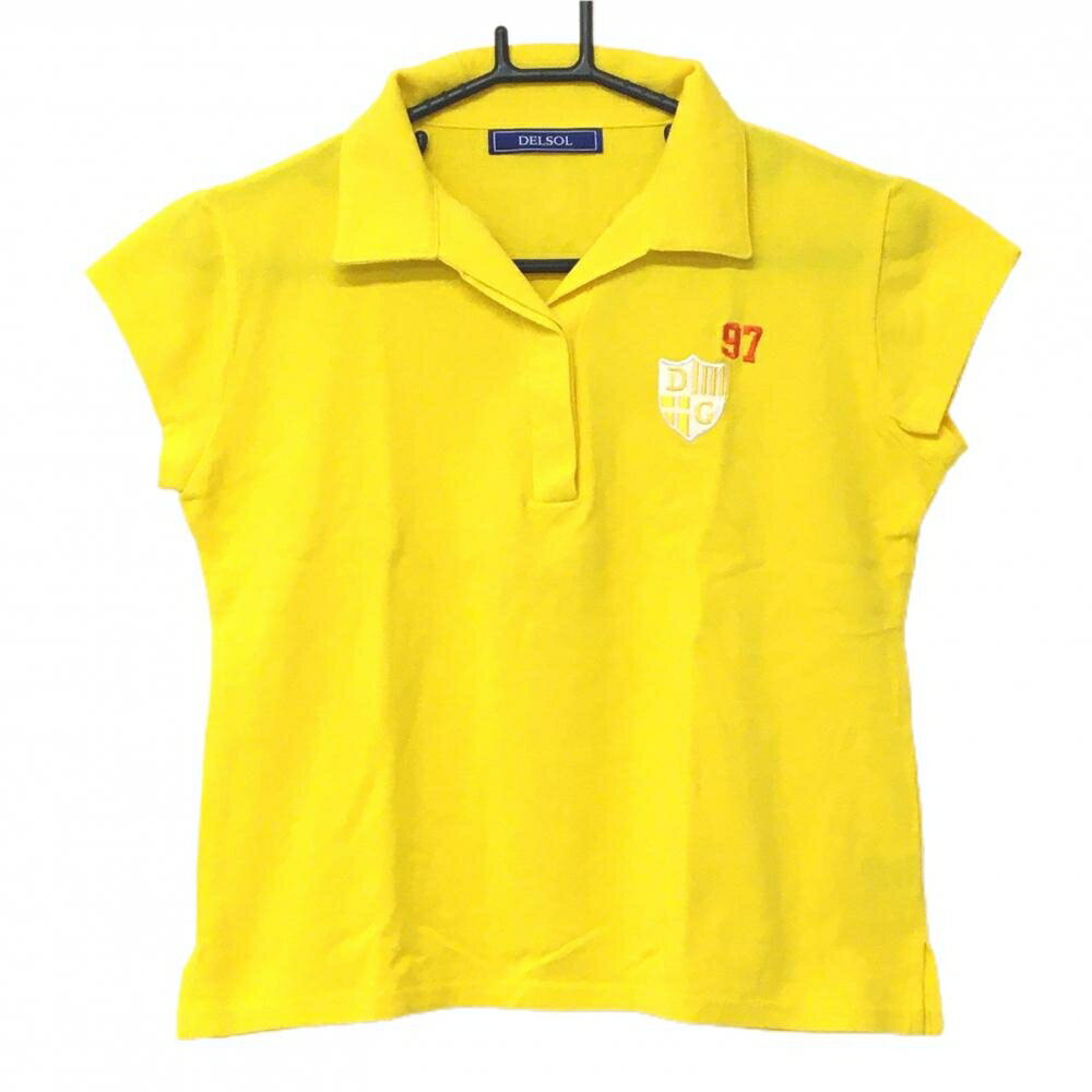 【超美品】デルソル 半袖スキッパーシャツ イエロー 胸元刺しゅう レディース L ゴルフウェア DELSOL