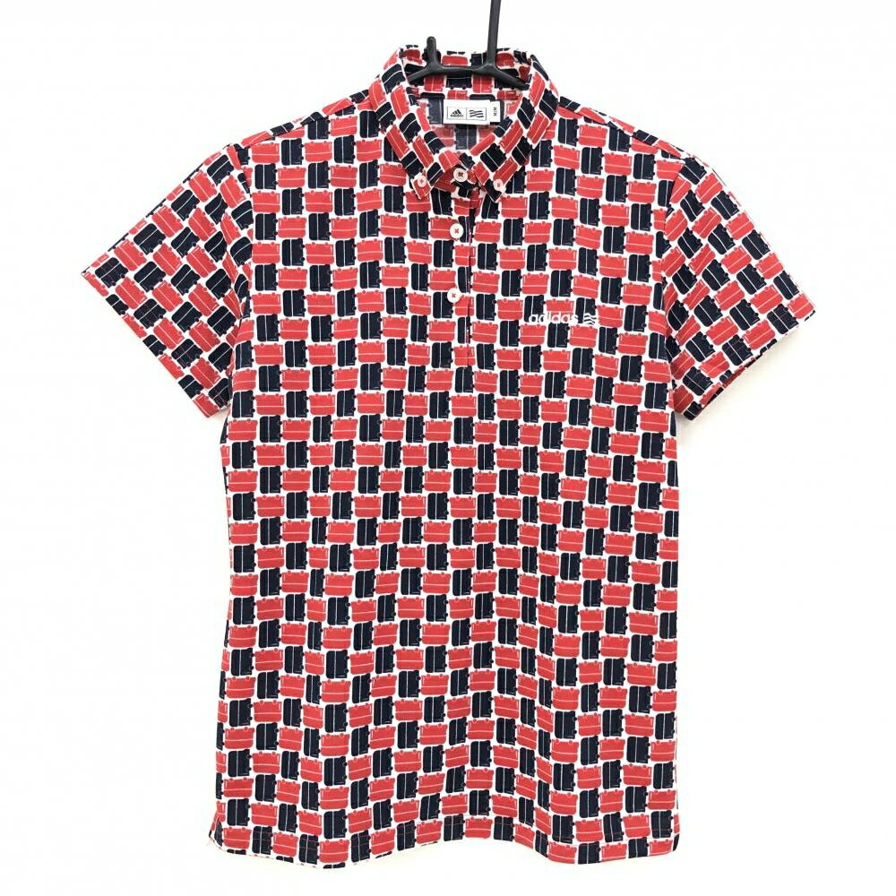 ADIDAS - 【超美品】アディダス 半袖ポロシャツ ネイビー×レッド 車総柄 ボタンダウン レディース M/M ゴルフウェア adidas
