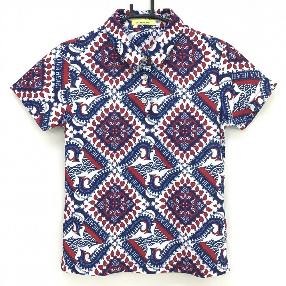 VIVA HEART - 【超美品】ビバハート 半袖ポロシャツ ネイビー×ボルドー 総柄 サイドロゴ レディース 40(M) ゴルフウェア VIVA HEART