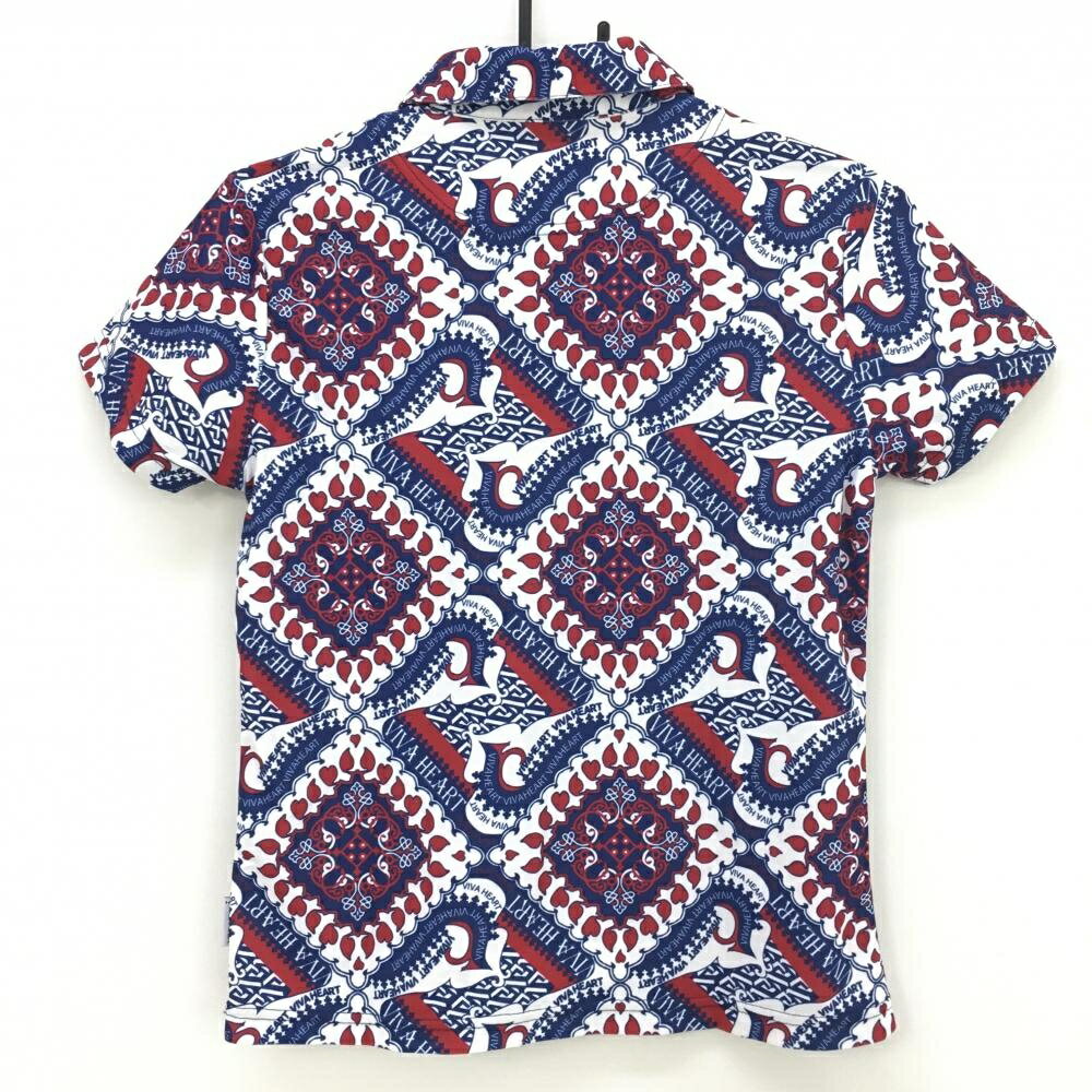 【超美品】ビバハート 半袖ポロシャツ ネイビー×ボルドー 総柄 サイドロゴ レディース 40(M) ゴルフウェア VIVA HEART