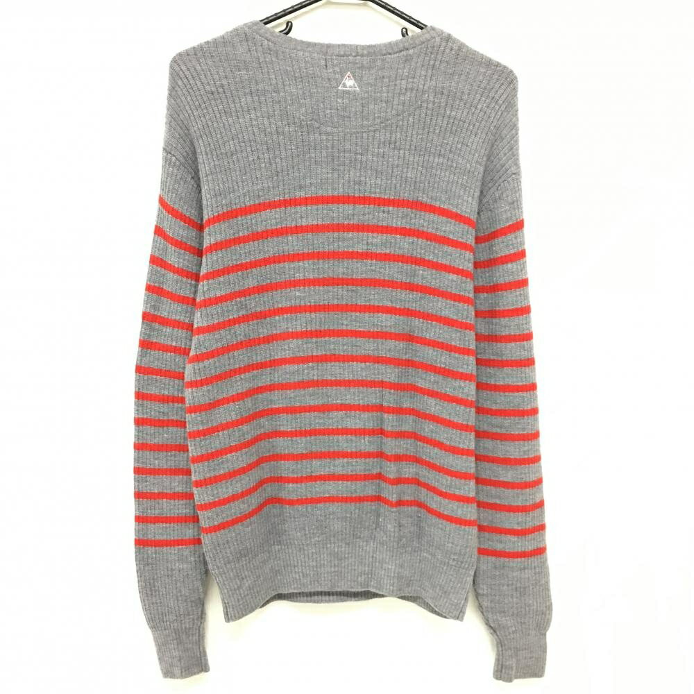 【超美品】ルコックゴルフ セーター グレー×レッド ボーダー Vネック 肩ボタン ニット メンズ M ゴルフウェア le coq sportif