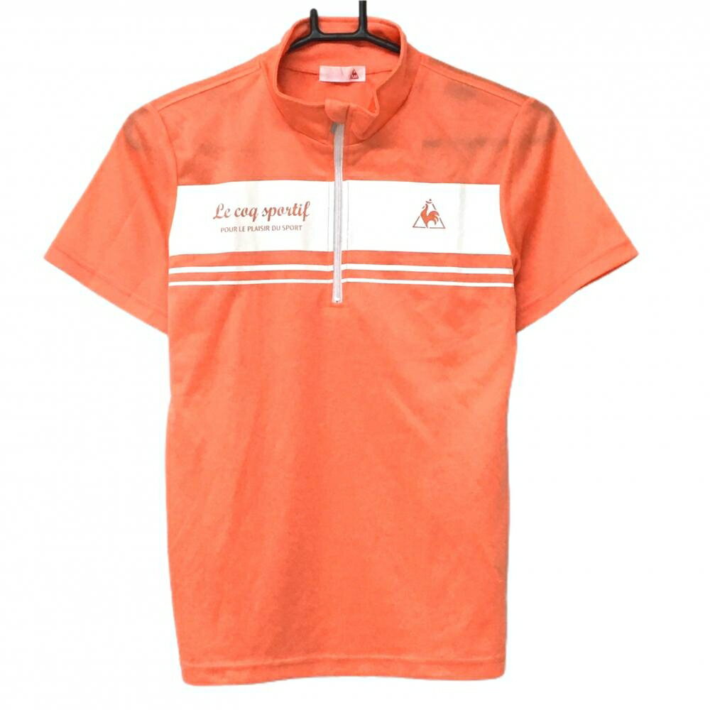 Le Coq - 【超美品】ルコック 半袖ハイネックシャツ オレンジ×白 胸元プリントライン ハーフジップ レディース L ゴルフウェア le coq sportif