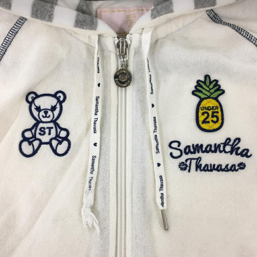 サマンサタバサ UNDER25 ジップパーカー 白×ネイビー パイル地 フードボーダー レディース S ゴルフウェア Samantha Thavasa