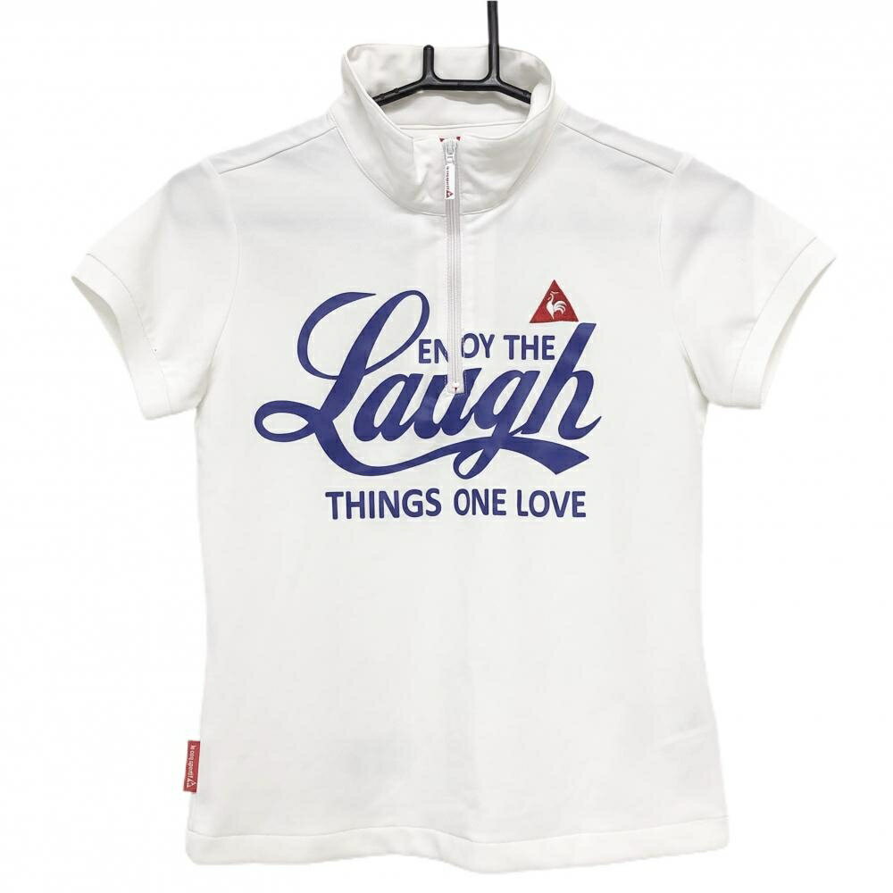 ★特価★【超美品】ルコック 半袖ハイネックシャツ 白×パープル ハーフジップ ビッグプリント レディース S ゴルフウェア le coq sportif