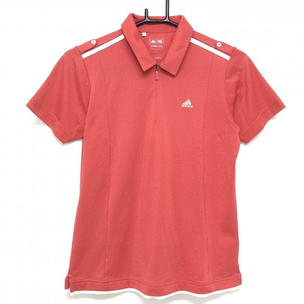 ADIDAS - 【超美品】アディダス 半袖ポロシャツ ピンクレッド ハーフジップ 総柄織生地 背3ライン レディース L ゴルフウェア adidas