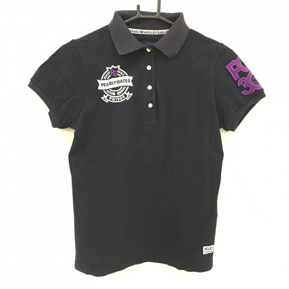 PEARLY GATES - パーリーゲイツ 半袖ポロシャツ ネイビー×白 30周年 襟裏ロゴ 胸・袖ワッペン レディース 1(M) ゴルフウェア PEARLY GATES