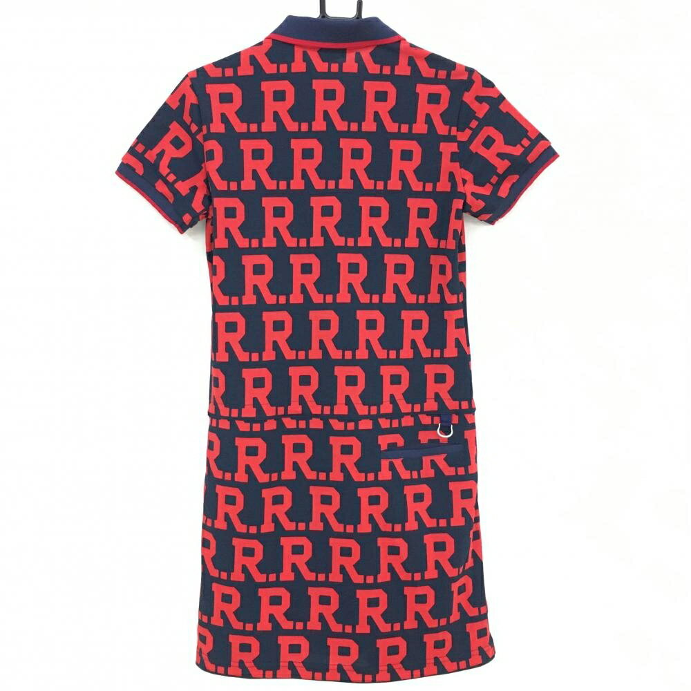 【美品】マンシングウェア 半袖ポロワンピース レッド×ネイビー 英字総柄 ロゴ刺しゅう レディース M ゴルフウェア Munsingwear