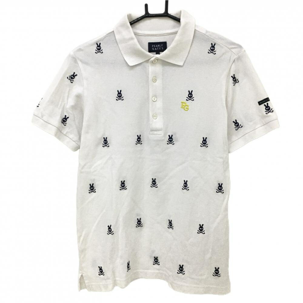 【美品】パーリーゲイツ 半袖ポロシャツ 白×ネイビー ラビット刺しゅう総柄 メンズ 4(M) ゴルフウェア ..