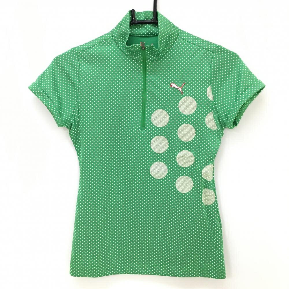 【超美品】プーマ 半袖ポロシャツ グリーン×白 ピンドット ハーフジップ レディース S ゴルフウェア PUMA