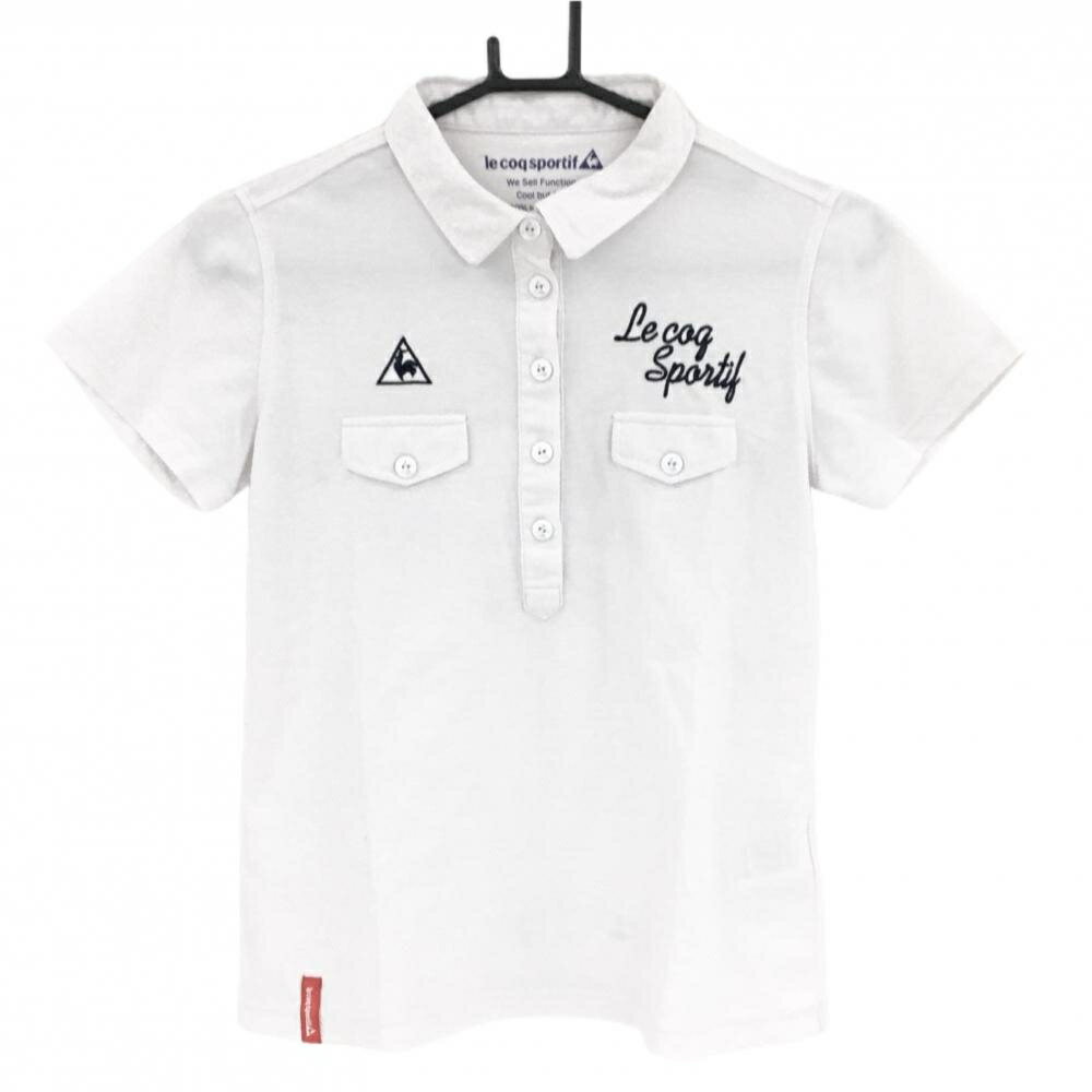 【美品】ルコック 半袖ポロシャツ 白×ネイビー 麻混 バックプリント レディース M ゴルフウェア le coq sportif