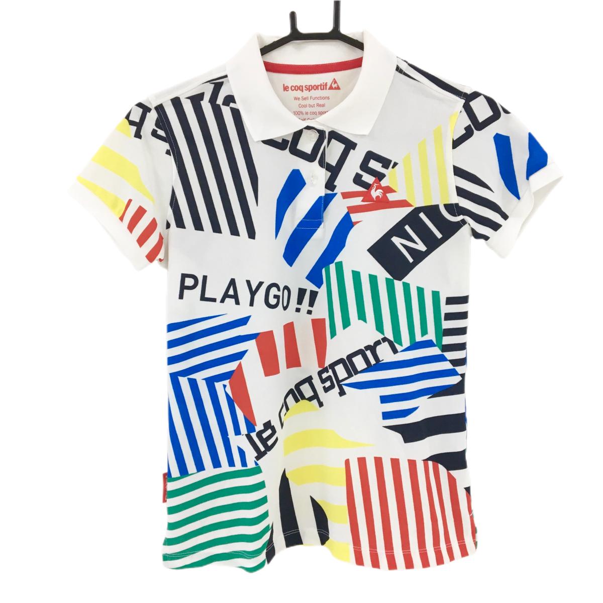 ルコック 半袖ポロシャツ 白×マルチ 総柄 胸刺しゅう レディース M ゴルフウェア le coq sportif