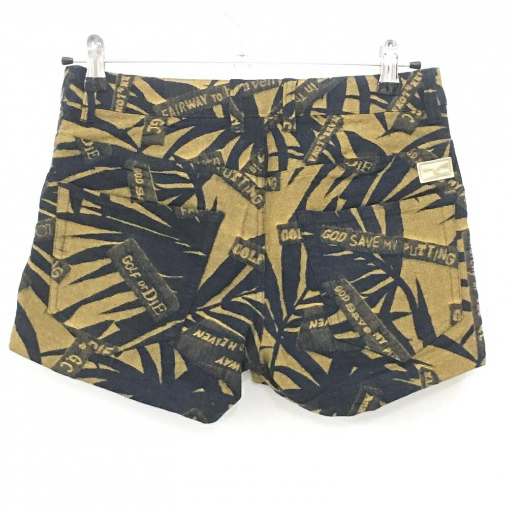 【美品】マークアンドロナ ショートパンツ ゴールド×ダークネイビー 総柄 裏地メッシュ レディース M ゴルフウェア MARK＆LONA