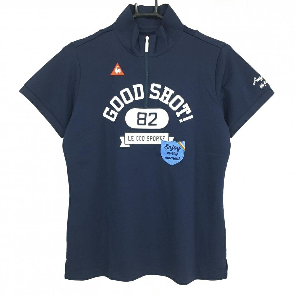 【美品】ルコック 半袖ハイネックシャツ ネイビー ハーフジップ ロゴ刺しゅう レディース LL ゴルフウェア le coq sportif