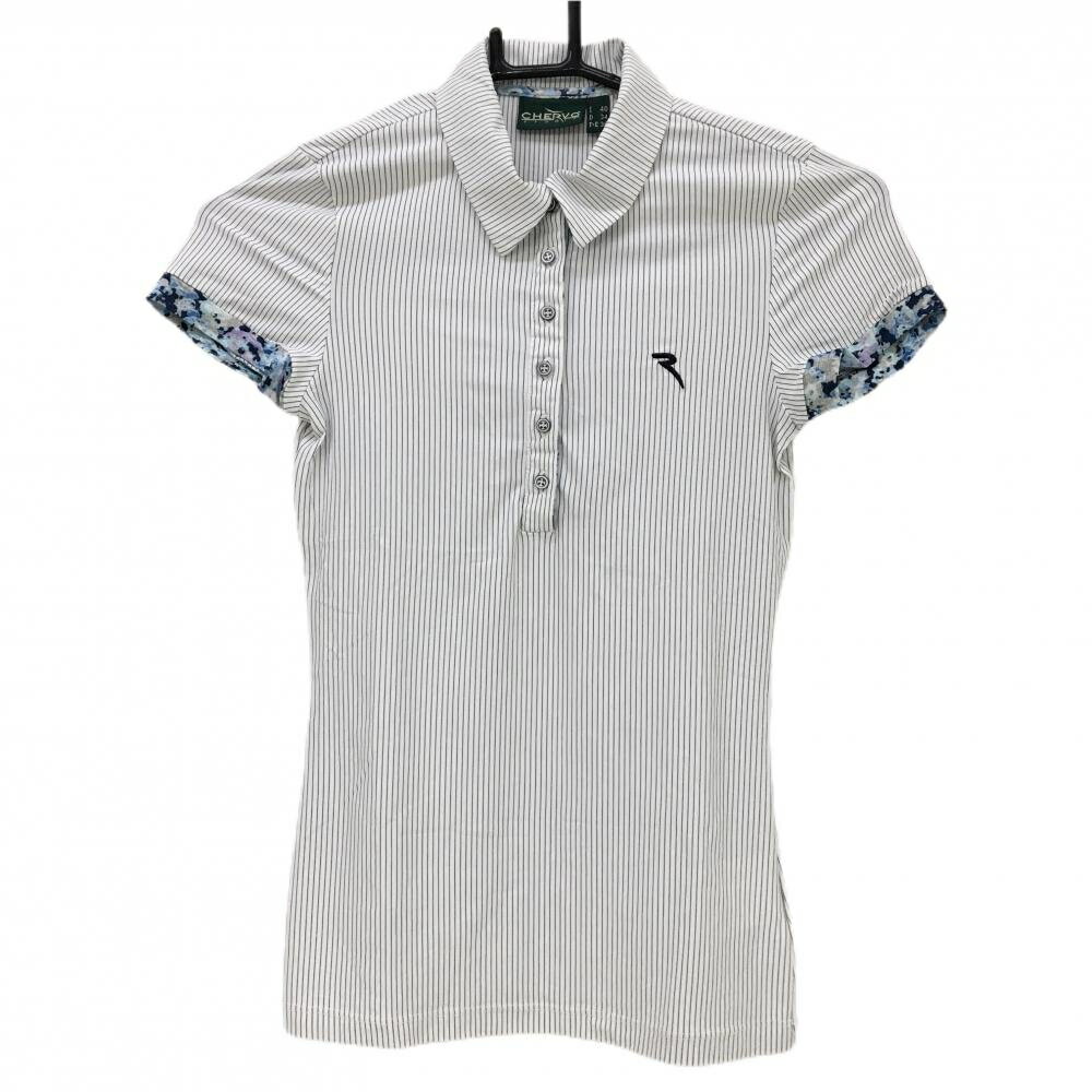 【美品】シェルボ 半袖ポロシャツ 白×ライトブルー ストライプ 一部柄 ロゴ刺しゅう レディース USA4-XS ゴルフウェア CHERVO