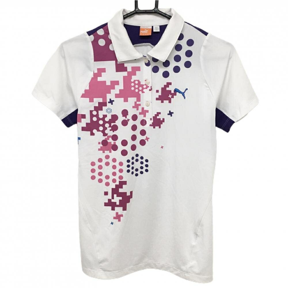 プーマ 半袖ポロシャツ 白×パープル フロント柄 ロゴ刺しゅう レディース US-S ゴルフウェア PUMA