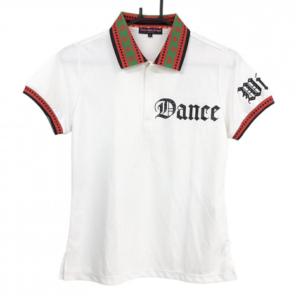 Dance with Dragon - ダンスウィズドラゴン 半袖ポロシャツ 白×レッド×黒 襟袖口ドット ハーフジップ レディース 2(M) ゴルフウェア Dance With Dragon