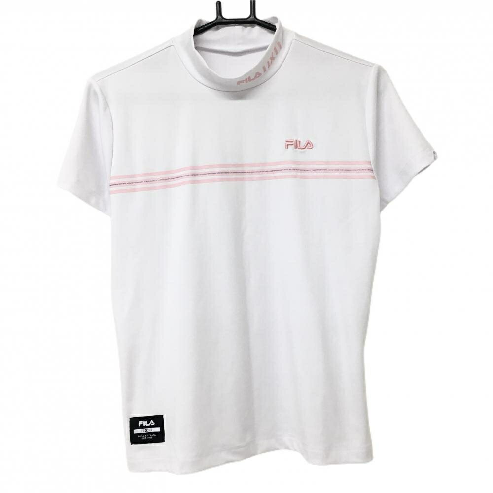 【超美品】フィラゴルフ 半袖ハイネックシャツ 白×ピンク 胸元ライン ロゴプリント レディース LL ゴルフウェア FILA GOLF