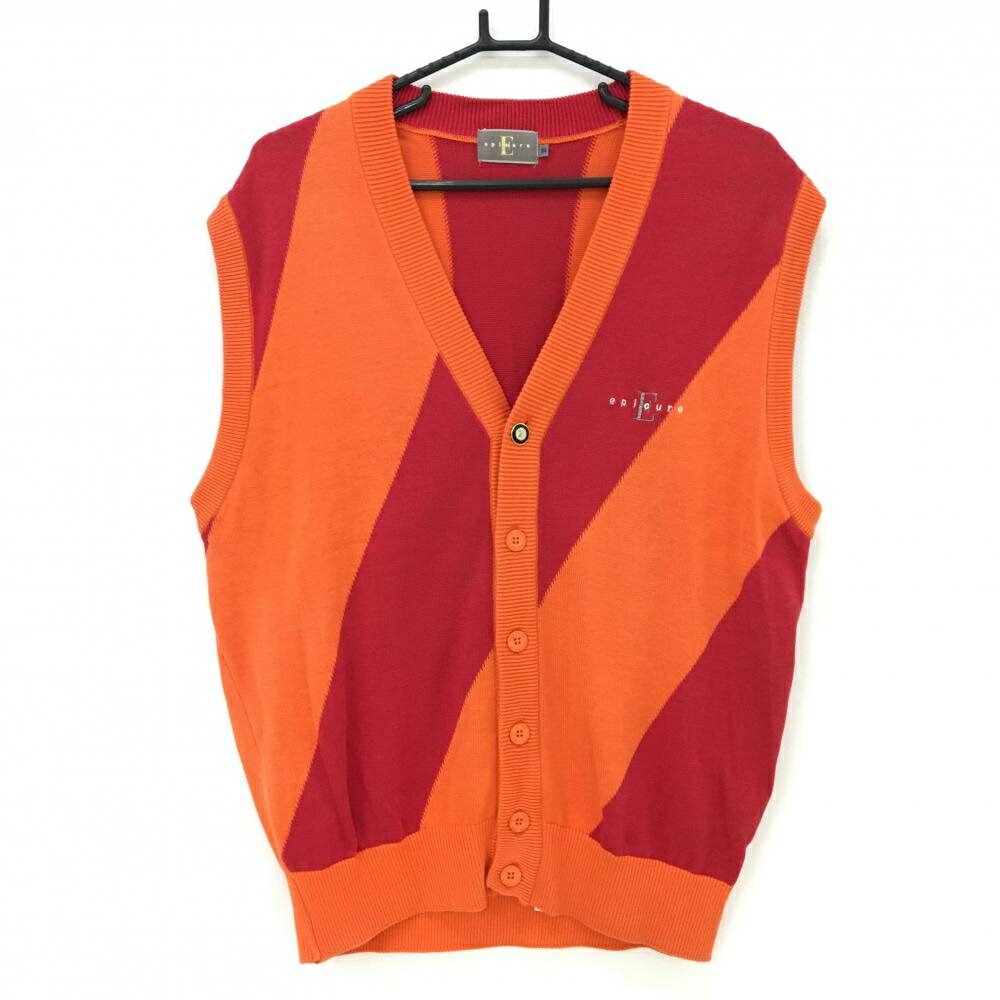 【美品】エピキュール ニットベスト レッド×オレンジ 前面斜めボーダー コットン混 メンズ III ゴルフウェア epicure