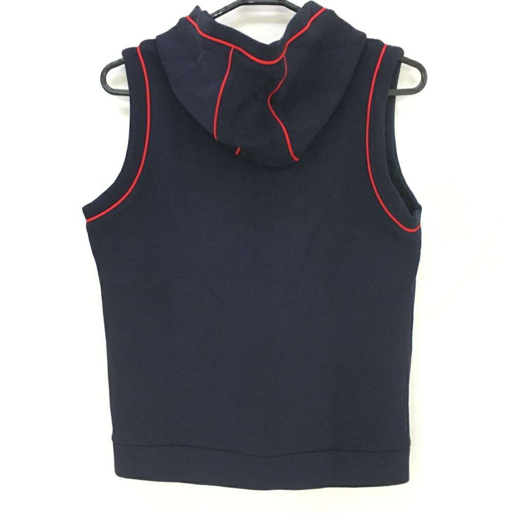 【美品】ビバハート フード付きアウターベスト ネイビー×レッド ダンボールニット調 レディース 42(L) ゴルフウェア VIVA HEART