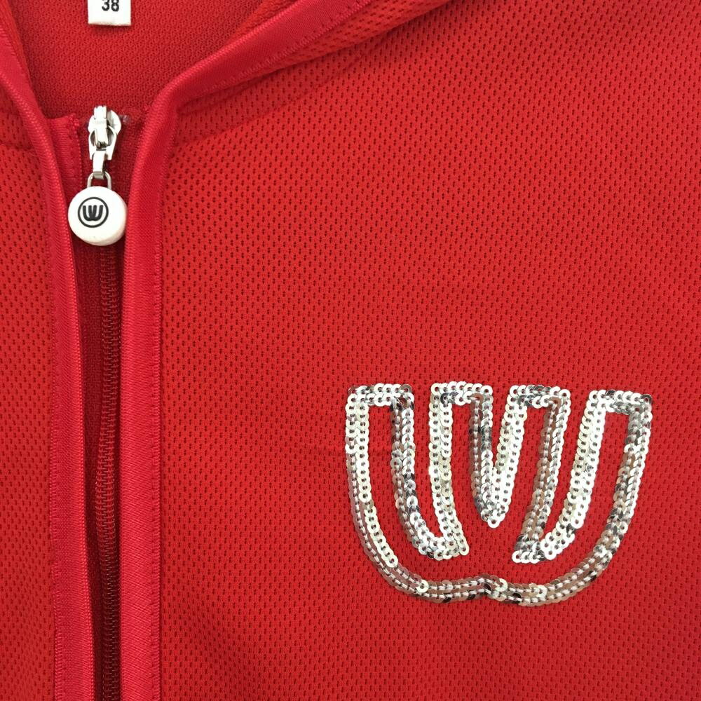 MUスポーツ アウターベスト レッド フード スパンコール 薄手 レディース 38(S) ゴルフウェア M・U SPORTS