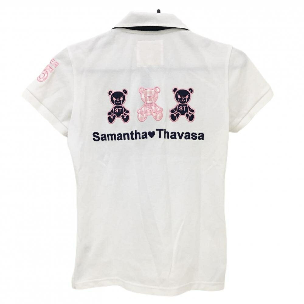 サマンサタバサ UNDER25 半袖ポロシャツ 白×ネイビー ロゴプリント クマ刺しゅう レディース M ゴルフウェア Samantha Thavasa