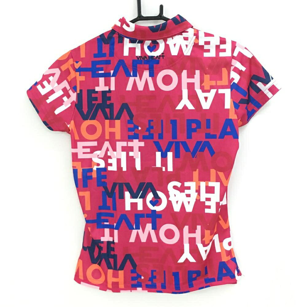 【超美品】ビバハート 半袖ポロシャツ ピンク×マルチ 英字総柄 レディース 40(M) ゴルフウェア VIVA HEART