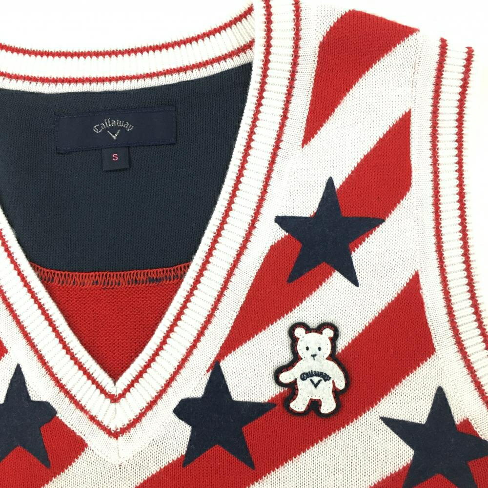 【美品】キャロウェイ ニットベスト レッド×白 前面ボーダー 星柄 ウール混 Vネッ...