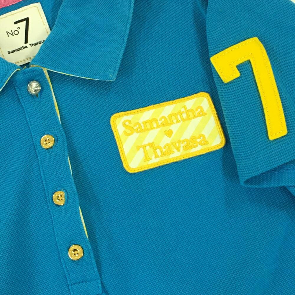 サマンサタバサNo.7 半袖ポロシャツ ライトブルー×イエロー ロゴワッペン レディース 38(M) ゴルフウェア Samantha Thavasa