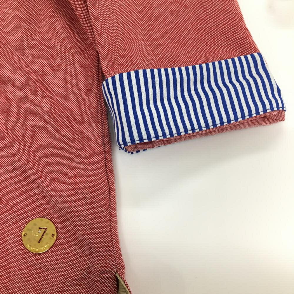 【美品】サマンサタバサ No.7 七分袖ポロシャツ レッド×ブルー 一部ストライプ柄 レディース L ゴルフウェア Samantha Thavasa
