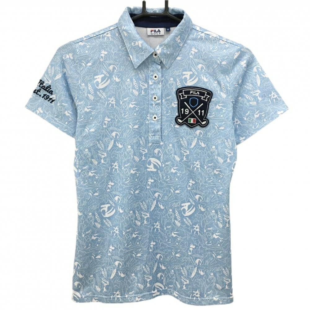 FILA Golf - 【超美品】フィラゴルフ 半袖ポロシャツ ライトブルー×白 総柄 ビッグワッペン レディース M ゴルフウェア FILA GOLF