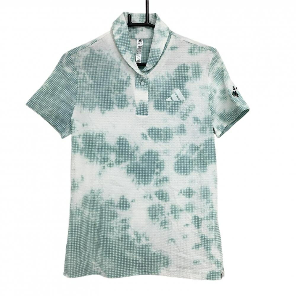 【超美品】アディダス 半袖ポロシャツ 白×グリーン 総柄 凹凸生地 サッカー生地 袖ワッペン レディース OT ゴルフウェア adidas