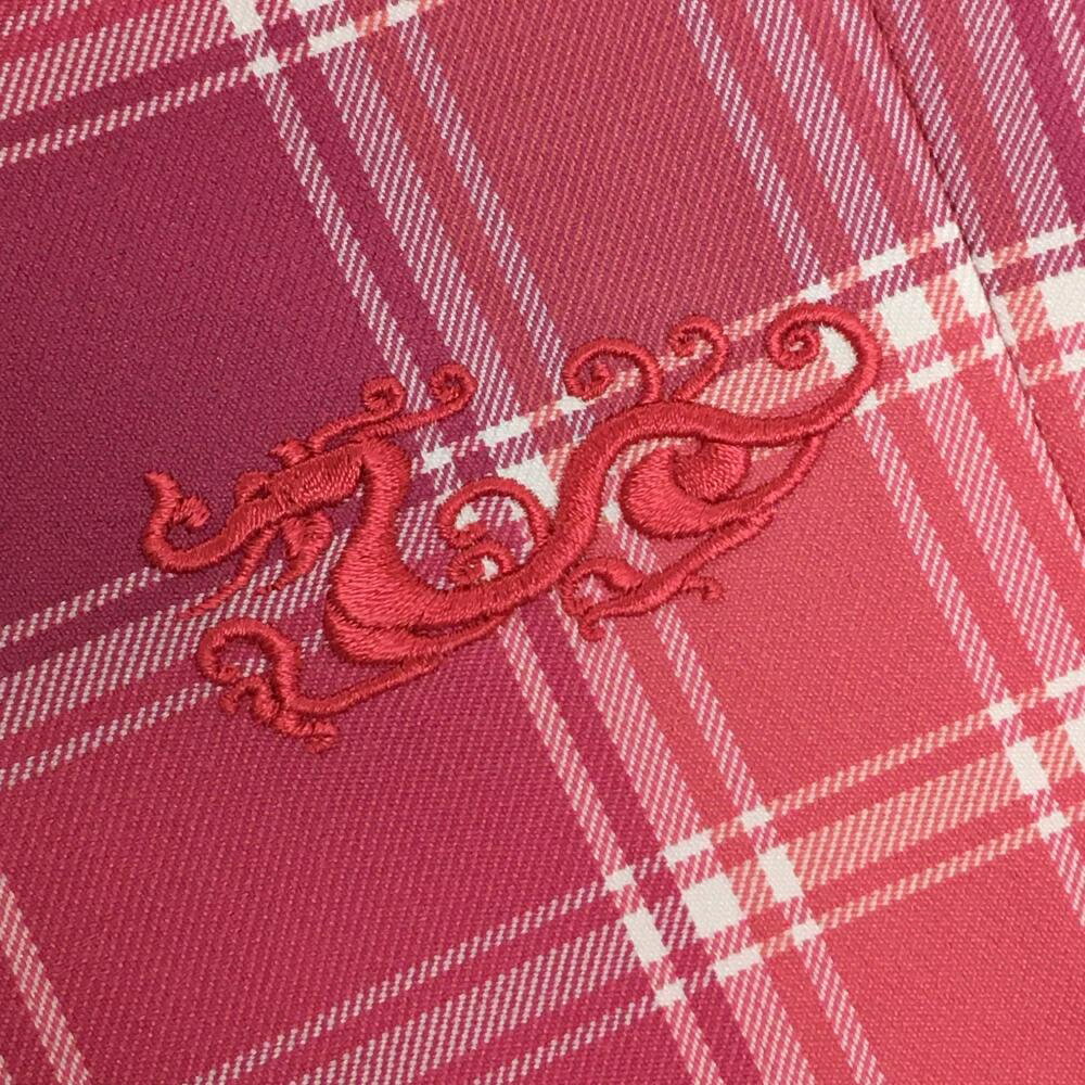 【美品】ダンスウィズドラゴン 七分丈パンツ ピンク×白 チェック 裾スリット レディース 2(M) ゴルフウェア Dance With Dragon
