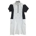 【超美品】マリクレール 半袖ハイネックワンピース 黒×白 細ストライプ 前上部花柄 ハーフジップ レディース M ゴルフウェア marie claire