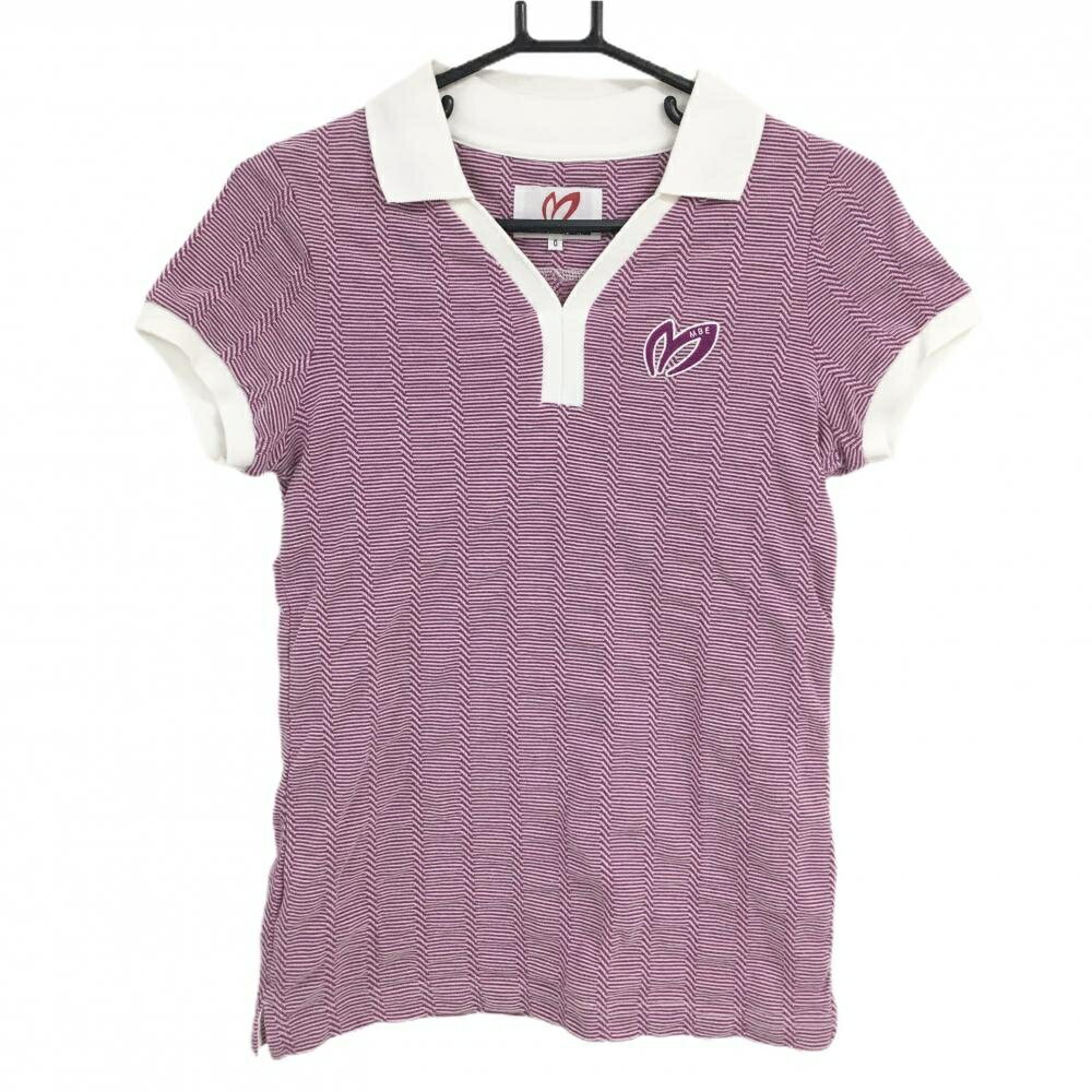【美品】マスターバニー ニット半袖スキッパーシャツ ピンク×白 細ボーダー レディース 0(S) ゴルフウェア MASTER BUNNY EDITION
