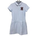 【美品】トミーヒルフィガーゴルフ 半袖ポロワンピース ライトブルー×白 ストライプ レディース M ゴルフウェア Tommy Hilfiger Golf
