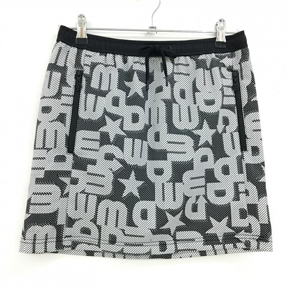 【美品】ダンスウィズドラゴン スカート 黒×白 ロゴ総柄 ウエストゴム レディース 2(M) ゴルフウェア D..
