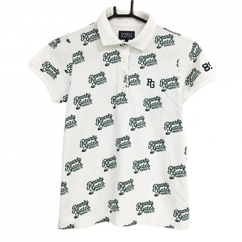 パーリーゲイツ 半袖ポロシャツ 白×グリーン ロゴ総柄 日本製 レディース 1(M) ゴルフウェア PEARLY GATES