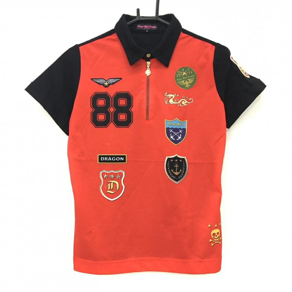 ダンスウィズドラゴン 半袖ポロシャツ レッド×黒 複数ワッペンプリント ハーフジップ レディース 3(L) ..