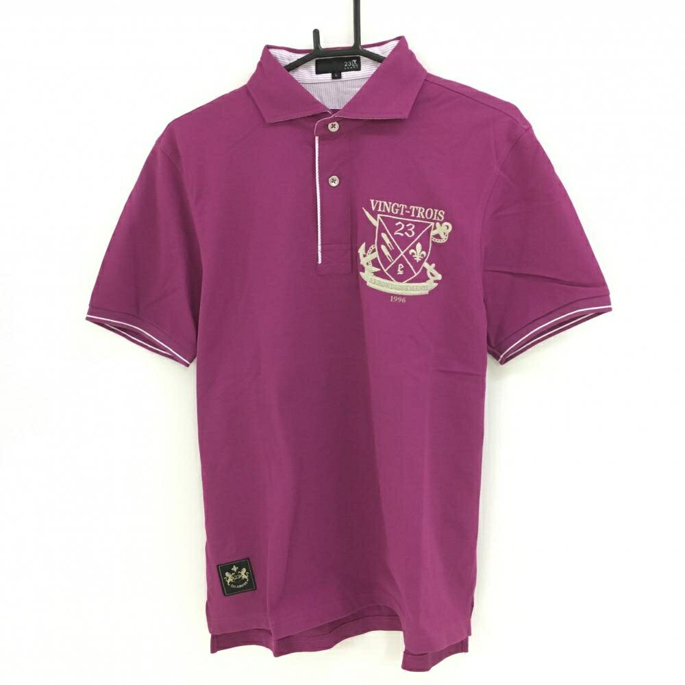 【美品】23区スポーツ 半袖ポロシャツ パープル ロゴ刺しゅう 襟裏ストライプ メンズ L ゴルフウェア 23区